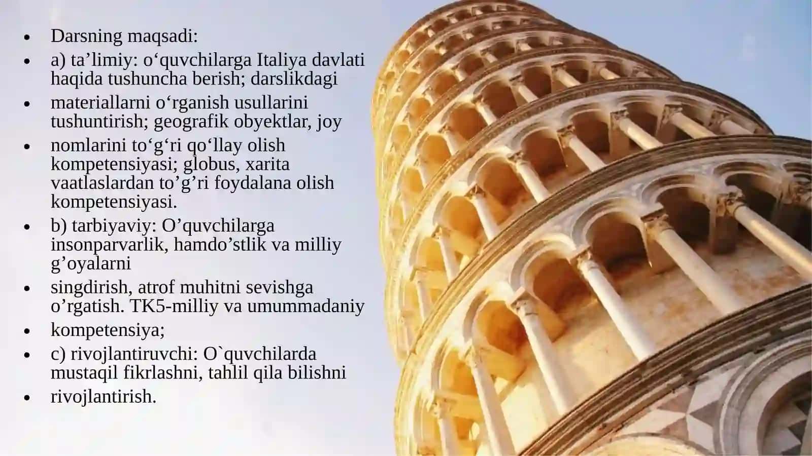 10-sinf Geografiya fani Italiya Respublikasi mavzusida ochiq dars ishlanma 2
