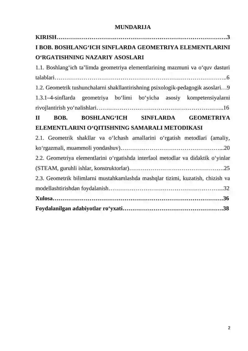 BOSHLANG‘ICH SINFLARDA MATEMATIKA O‘QITISHDA GEOMETRIRYA ELEMENTLARINI O‘RGATISH METODIKASI 2