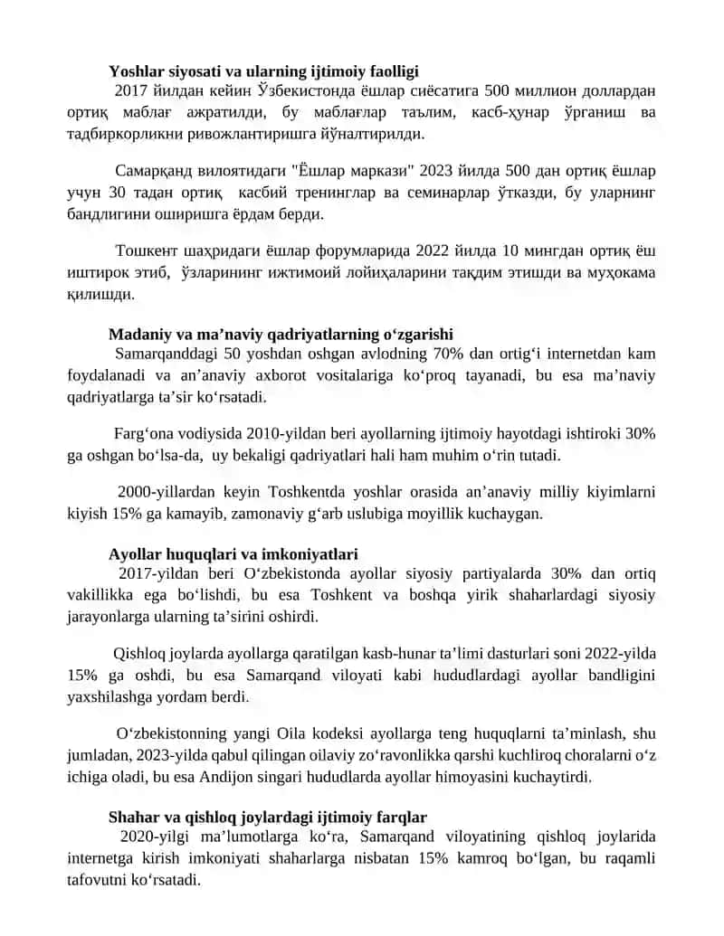 O'zbekiston Respublikasidagi ijtimoiy o'zgarishlar 2