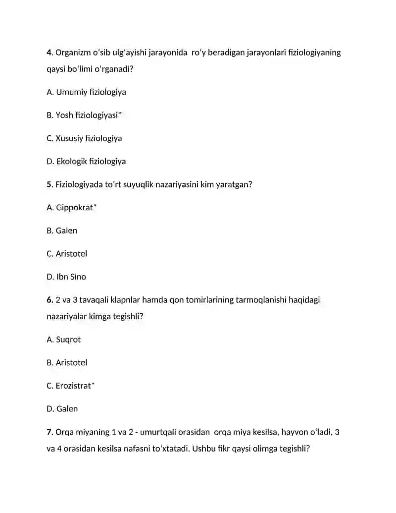 Fiziologiya test savollar 2