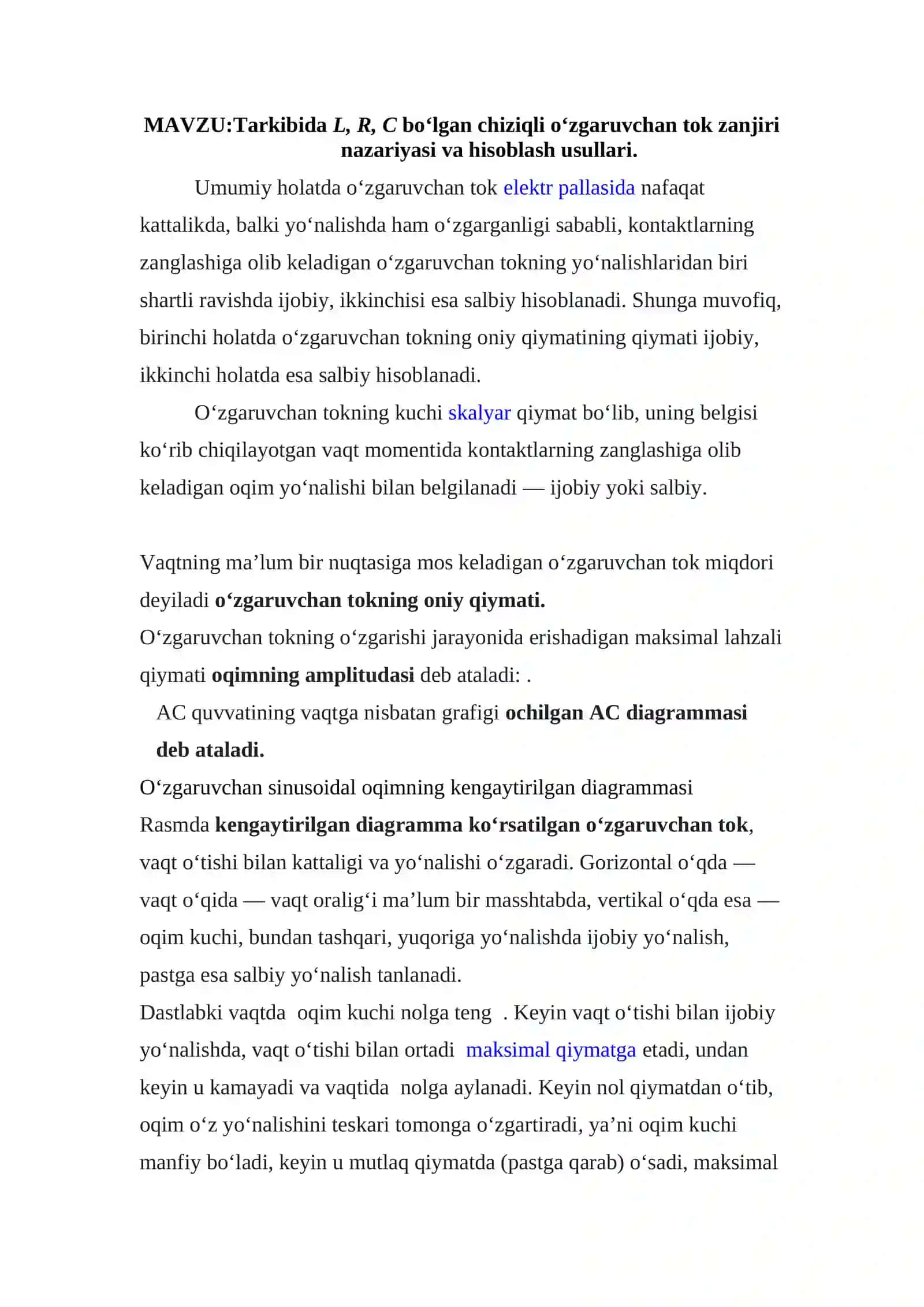 Tarkibida L, R, С bo‘lgan chiziqli o‘zgaruvchan tok zanjiri nazariyasi va hisoblash usullari 2