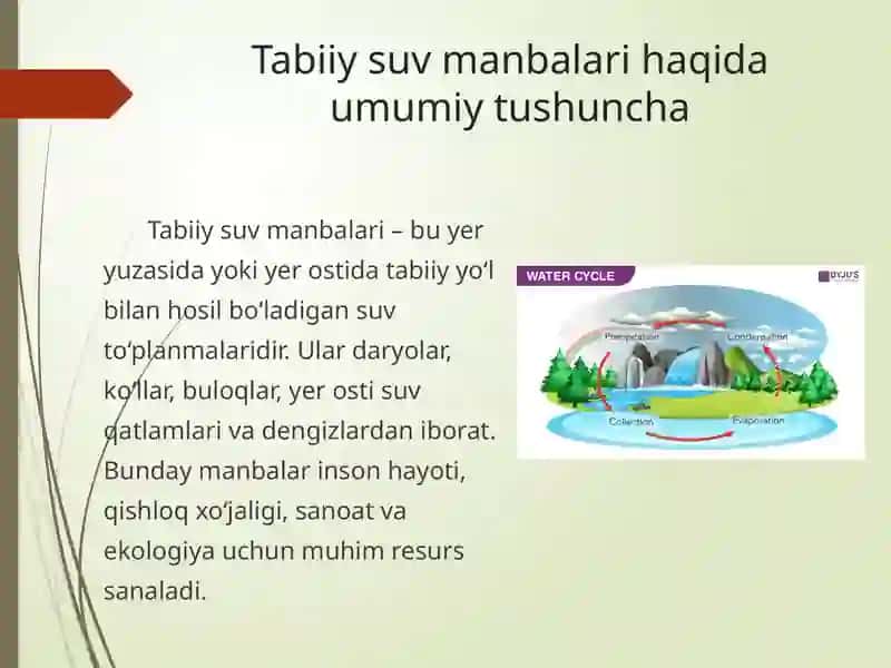 Tabiiy suv manbalarini xarakteristikalash, manba'larning debiti va uning faoliy o‘zgarishi 2