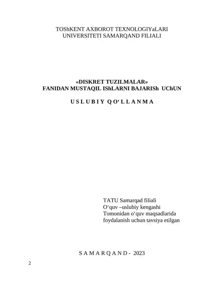 Diskret tuzilmalar fanidan mustaqil ishlarni bajarish uchun uslubiy qo‘llanma 2