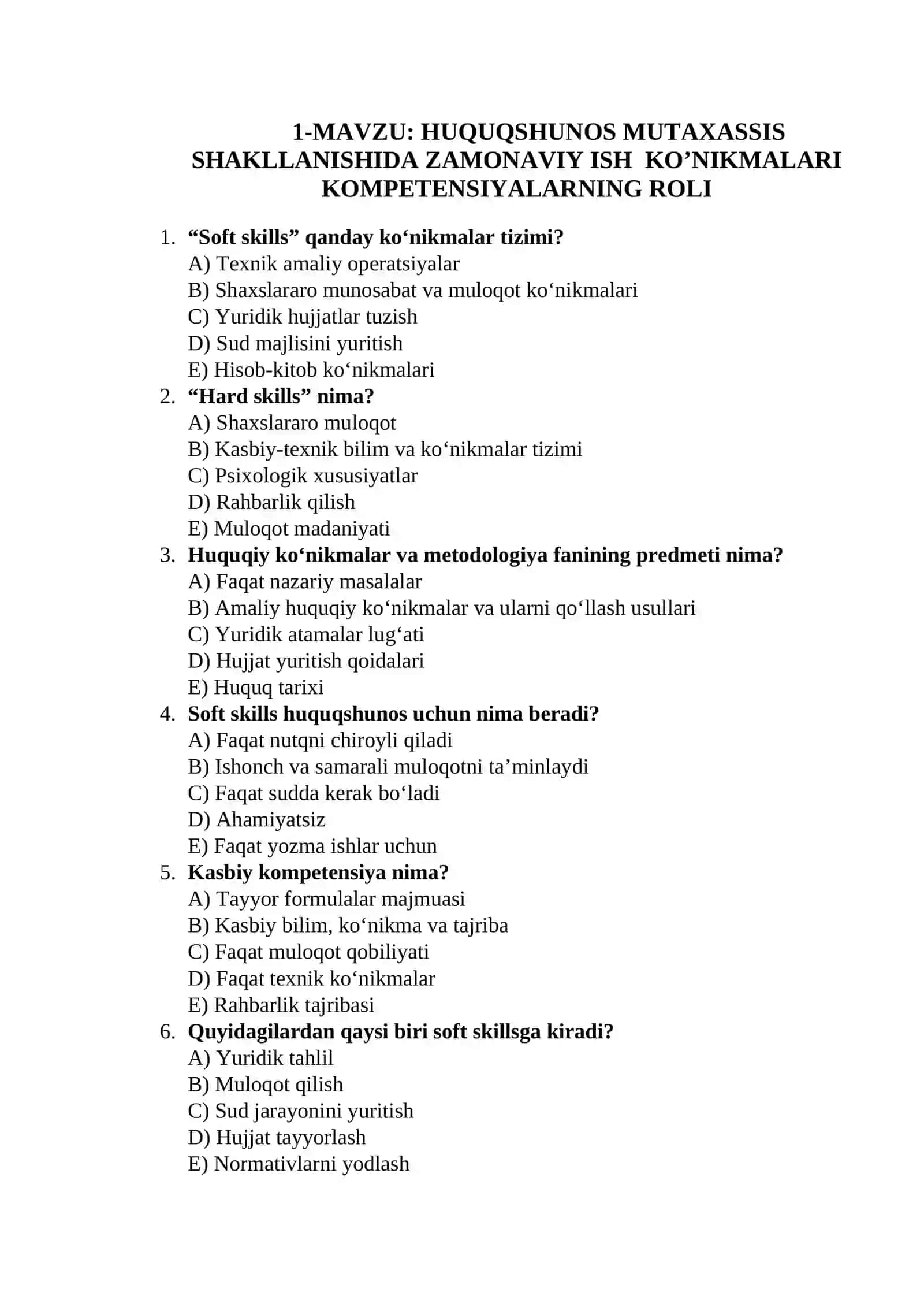 HUQUQIY KO’NIKMALAR VA METODOLOGIYA FANIDAN MAVZULASHTIRILGAN TESTLAR TO’PLAMI 2