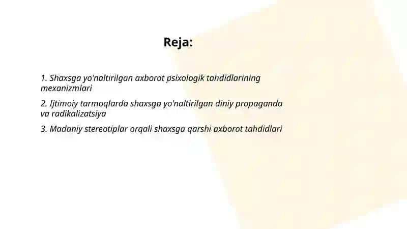 Shaxsga yónaltirilgan axborot psixologik, diniy va madaniy taxdidlar 2