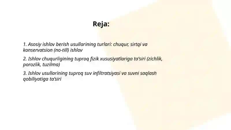 Yerga asosiy ishlov berish usullarining tuproq xususiyatlari va oʻsimliklarni oʻsishi hamda rivojlanishiga taʼsiri 2