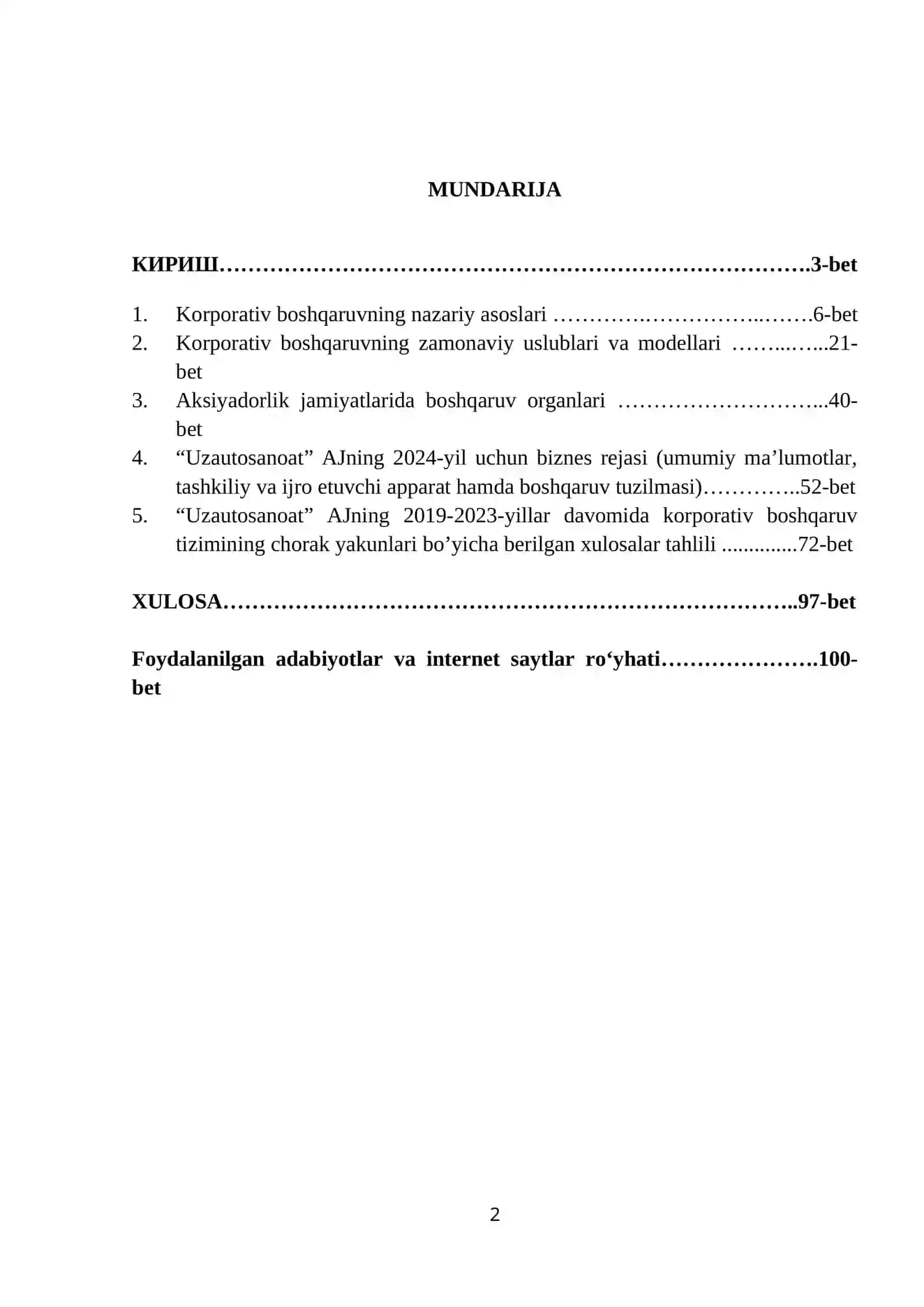Sanoat korxonasining boshqarish tizimini takomillashtirish («O’zavtosanoat» AJ misolida) mavzusidagi kurs ishi 2