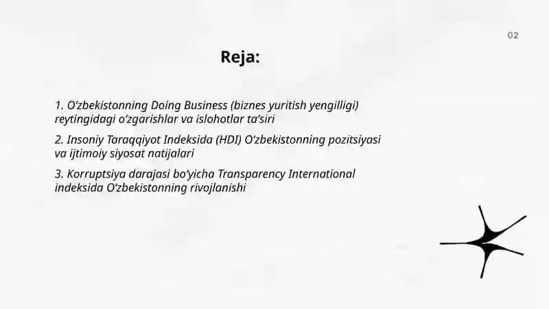 Yangi Oʻzbekiston ichtmoiy siyosiy iqtisodiy va madaniy hayotida roʻy berayotgan oʻzgarishlarni halqaro reyting va indekslarda aks etishi 2