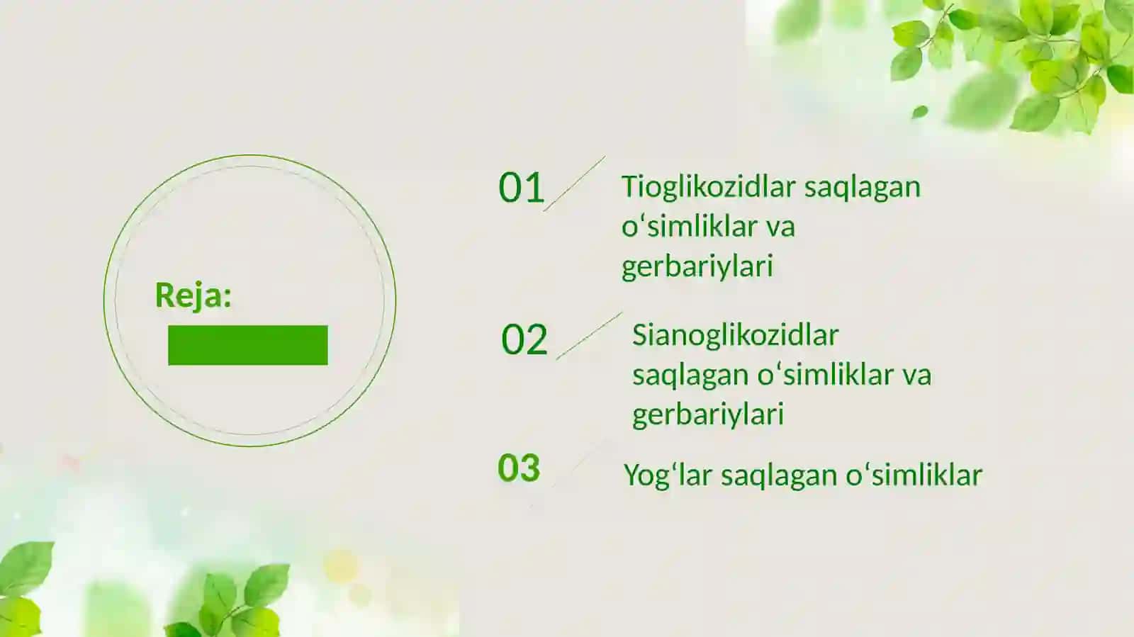 Tarkibida turli biologik faol moddalar, tio- va sianoglikozidlar, yog‘lar bo‘lgan dorivor o‘simliklar gerbariylari va mahsulotlarini o‘rganish 2