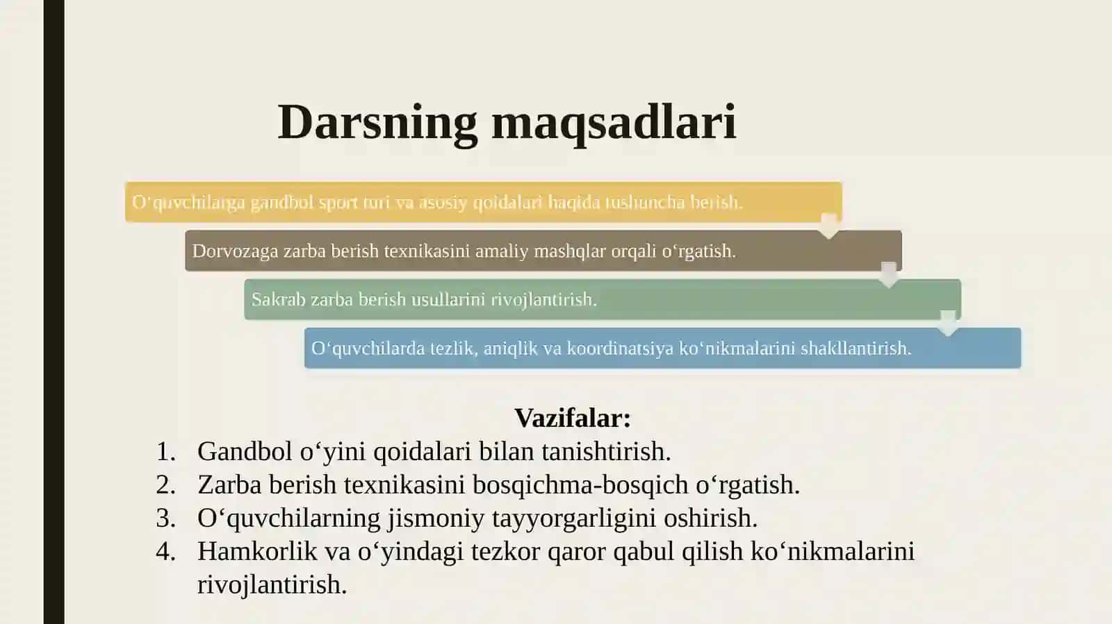 "Gandbo'l, Amaliy, Sakrab Dorvozaga Zarba Berishni O'rgatish" mavzusidagi bir soatlik dars ishlanmasi 2