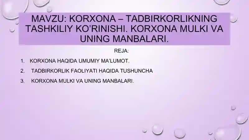 Mavzu: Korxona – tadbirkorlikning tashkiliy ko’rinishi. Korxona mulki va uning manbalari 2