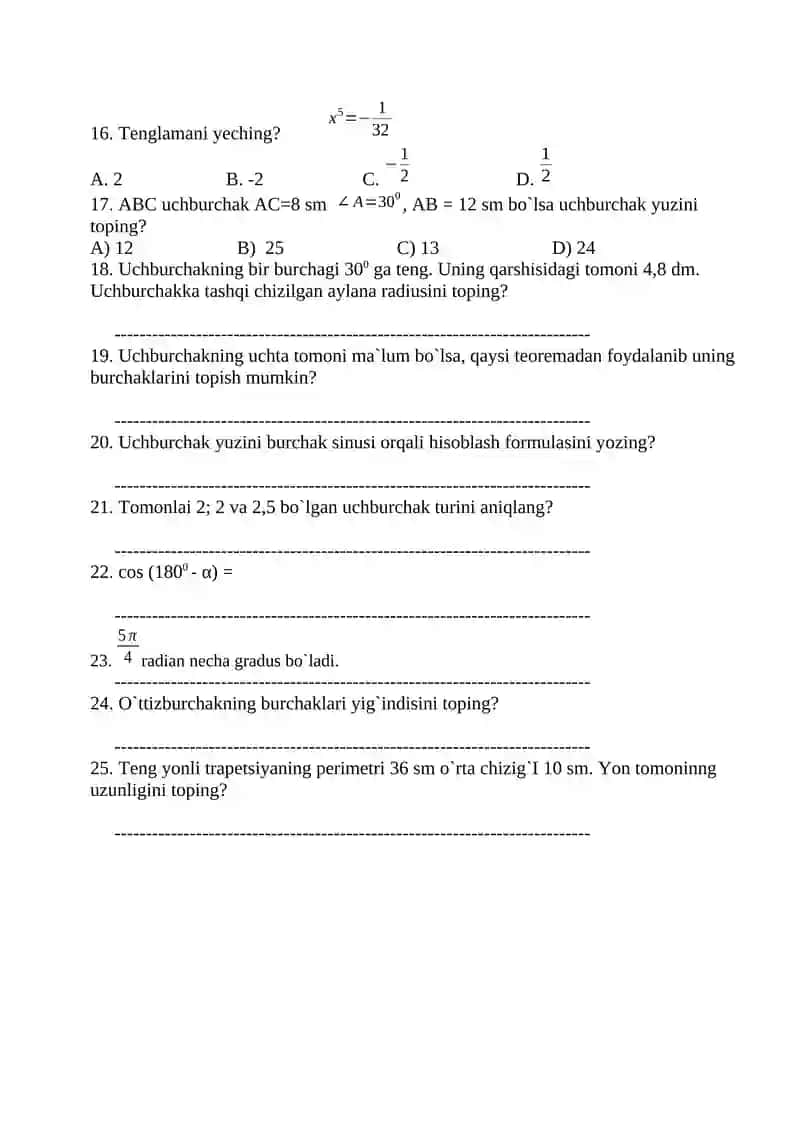 9 – sinflar uchun test 2