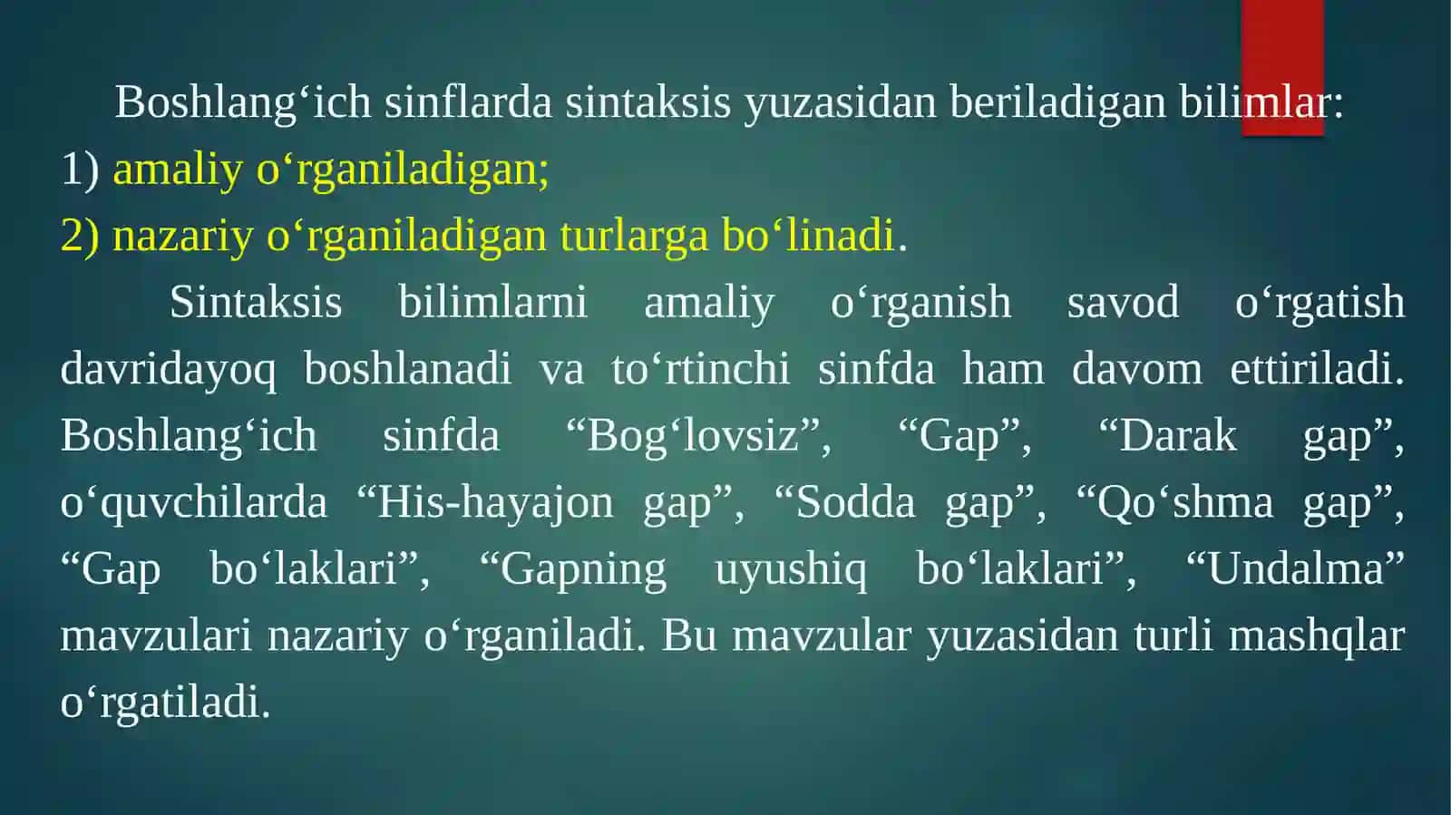 BOSHLANG‘ICH SINFLARDA SINTAKTIK TUSHUNCHALAR USTIDA ISHLASH METODIKASI. ORFOGRAFIYANI O‘RGANISH METODIKASI. KICHIK YOSHDAGI O‘QUVCHILAR NUTQINI O‘STIRISH YO‘LLARI VA VAZIFALARI 2