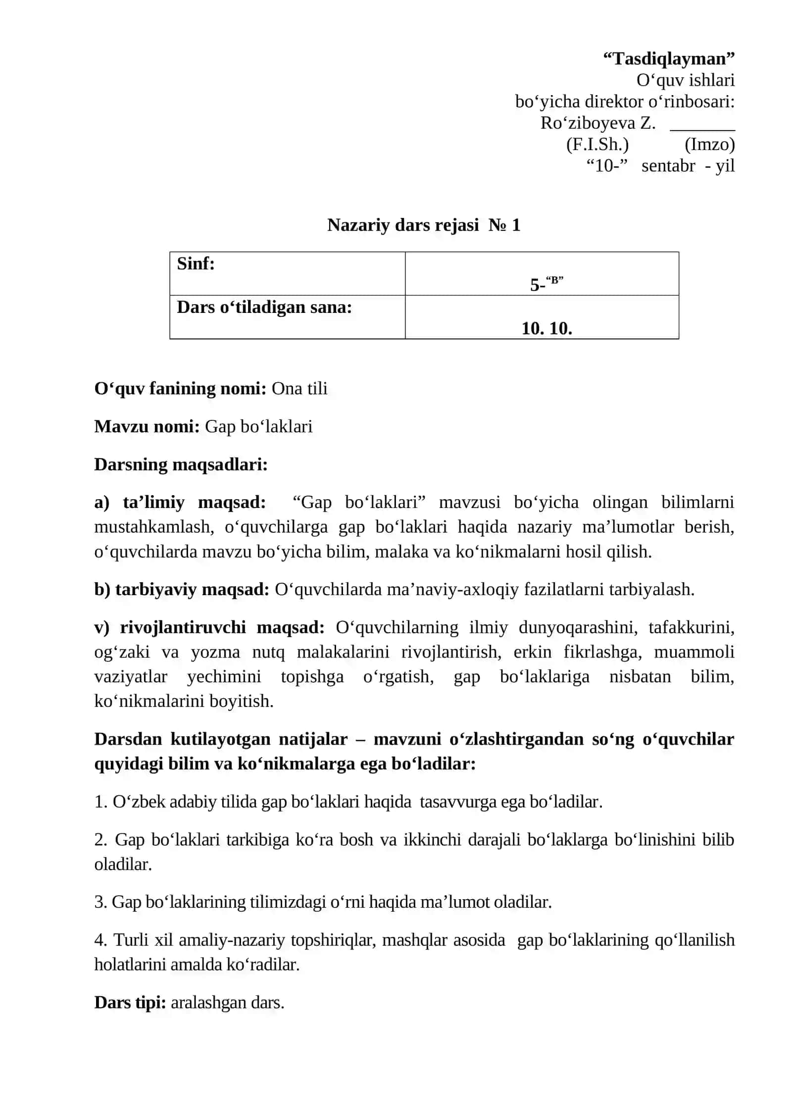 “Gap bo‘laklari” mavzusi bo‘yicha dars ishlanmasi 2