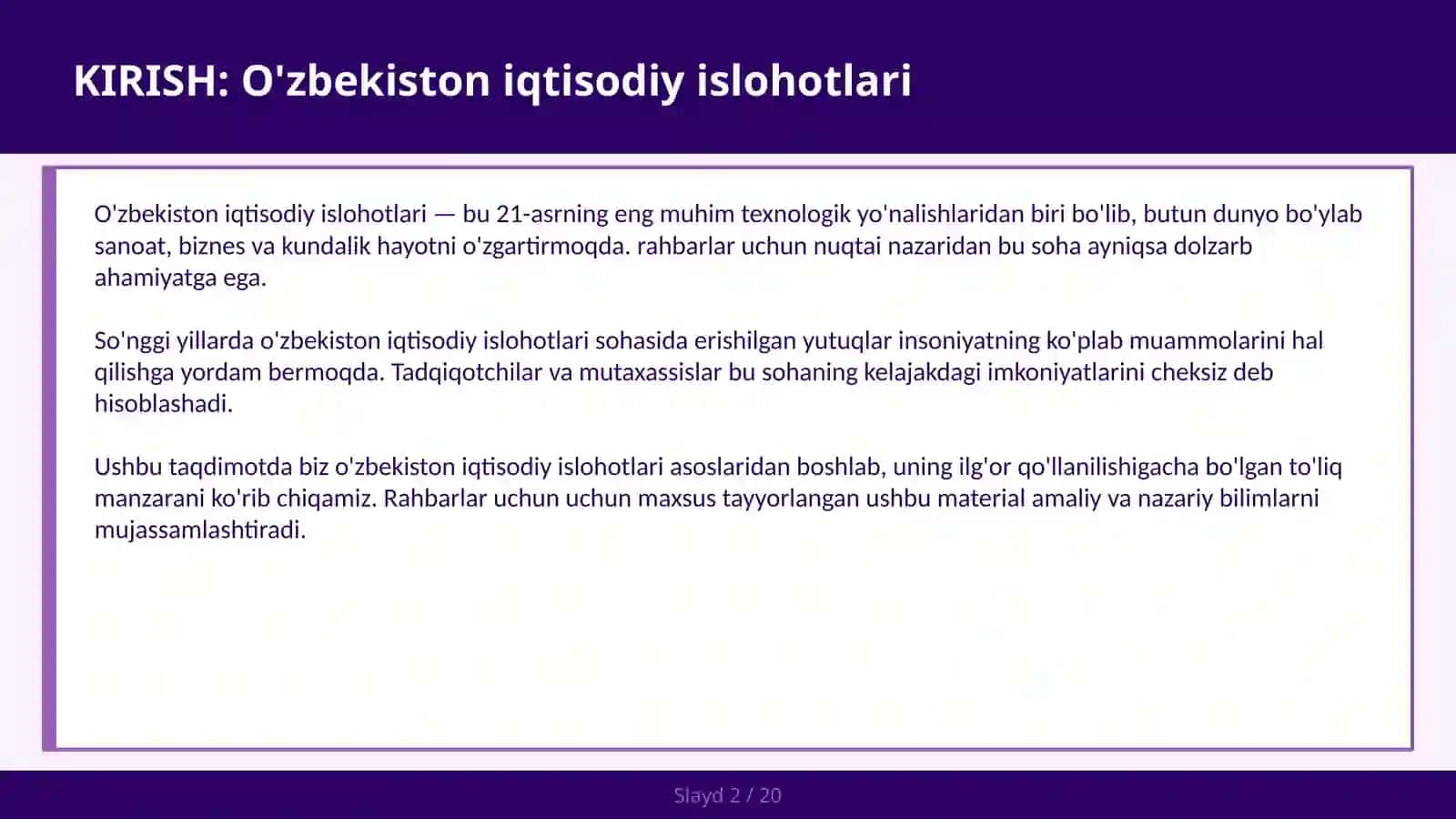 O'ZBEKISTON IQTISODIY ISLOHOTLARI 2030 maqsadlari va raqamlashtirish — rahbarlar uchun 2