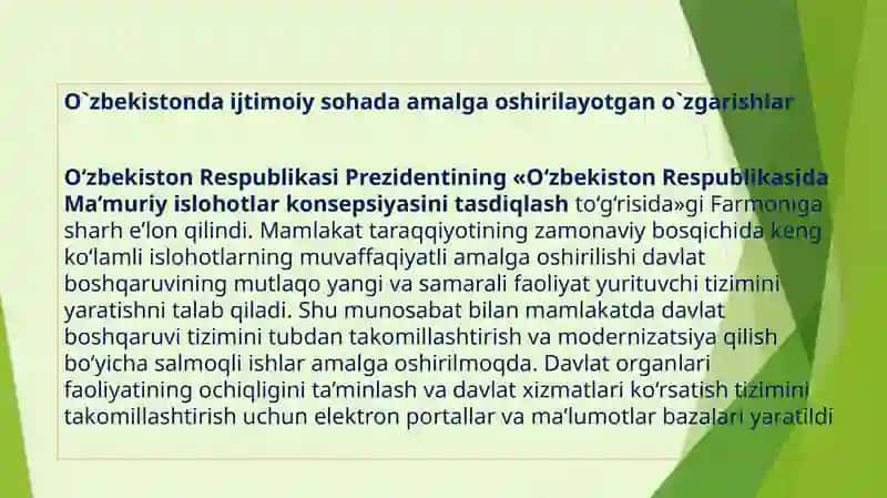 O'zbekistondaijtimoiy sohada amalga oshirilayotgan o'zgarishlar mazmun va mohiyati 2