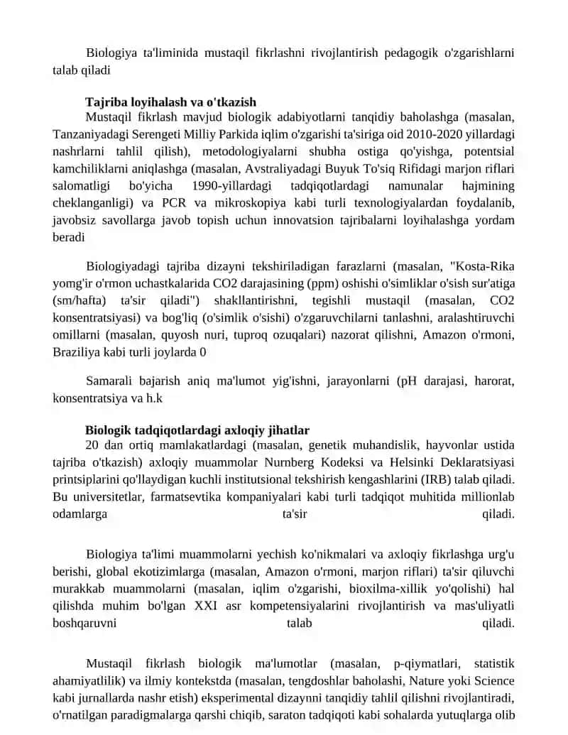 Biologiyani õqitishda talabalarning mustaqil fikirlashining mazmuni 2