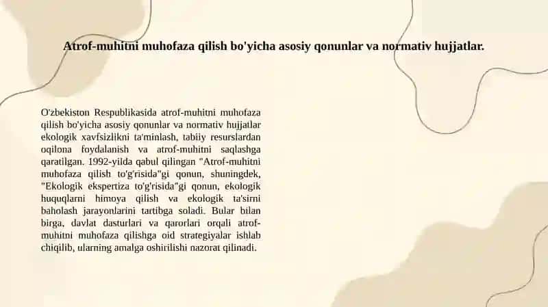 O'zbekiston Respublikasida atrof muxitni muxofaza qilish bo'yicha asosiy qonunlar va davlat qarorlari 2