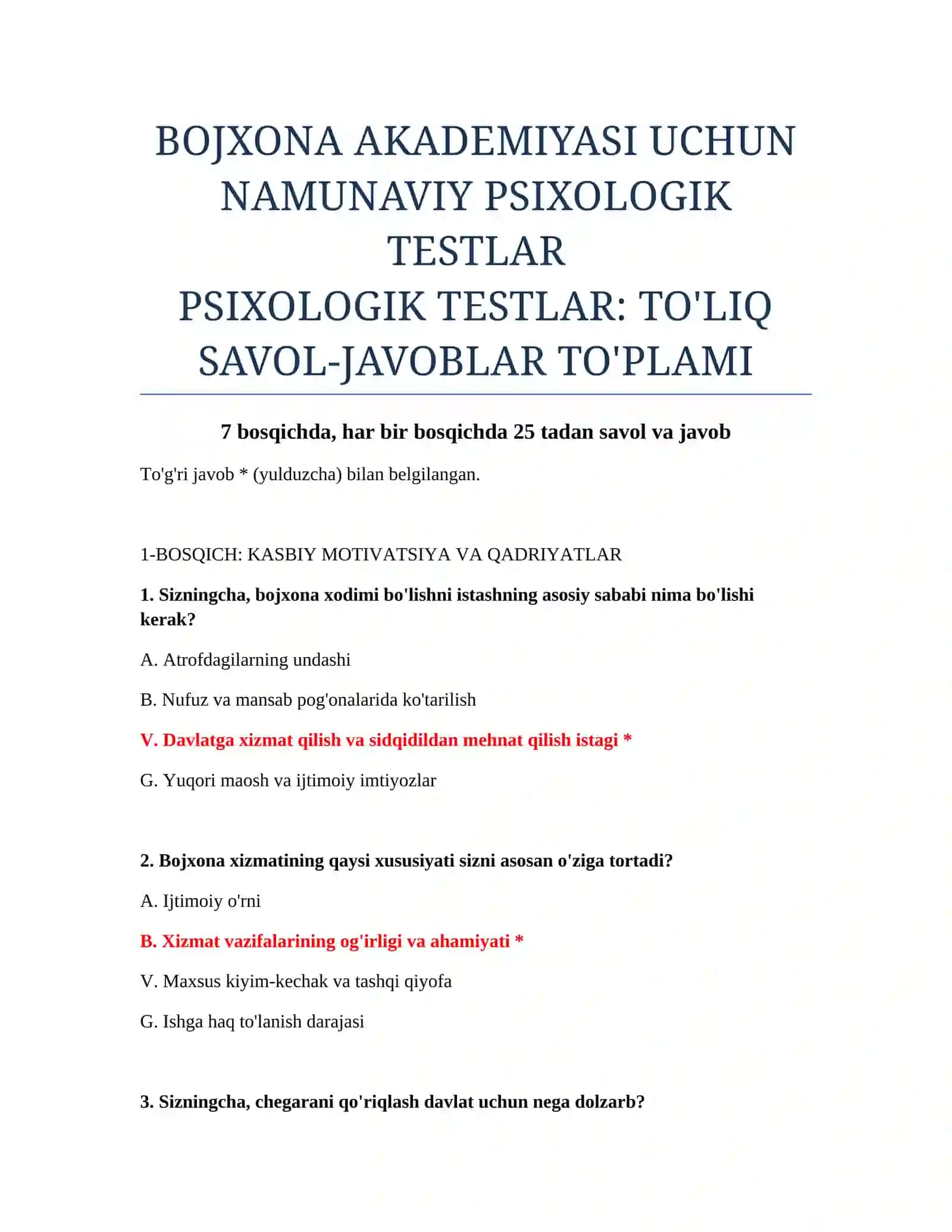 PSIXOLOGIK TESTLAR: TO'LIQ SAVOL-JAVOBLAR TO'PLAMI 2