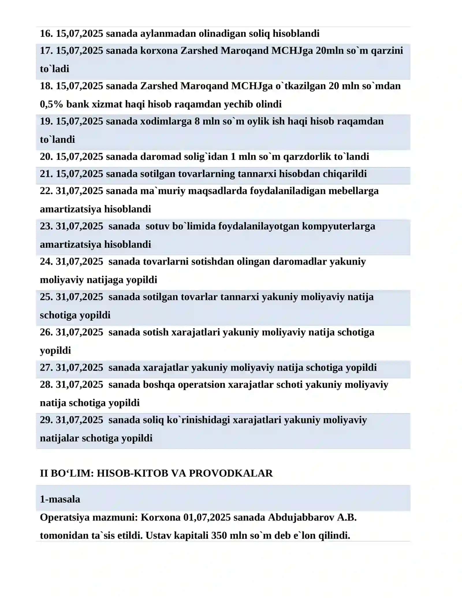 Buxgalteriya hisob-kitob va provodkalar asosida tayyorlangan hisobot 2
