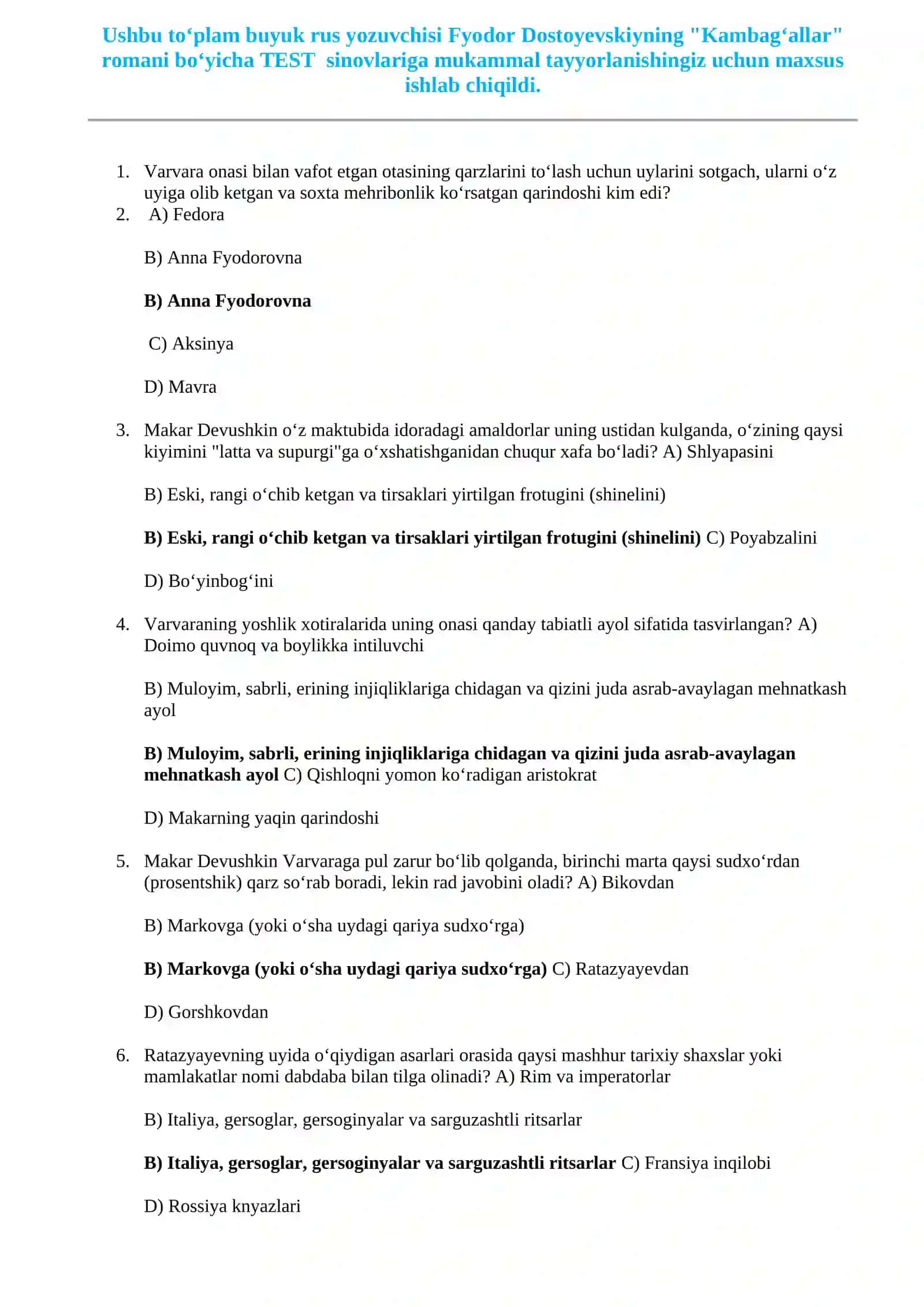 FYODER DOSTEVESKIY "Kambagʻallar" romani boʻyicha TEST 2