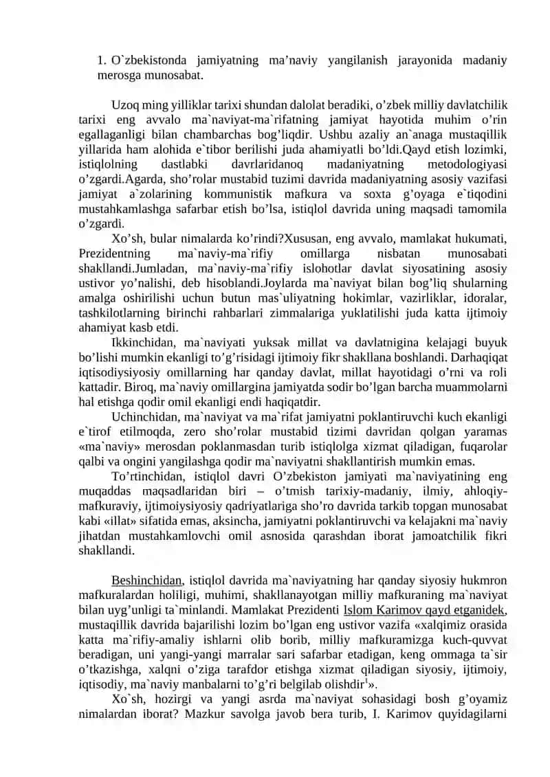 O`zbekistonda jamiyatning ma’naviy yangilanish jarayonida merosga munosabat 2