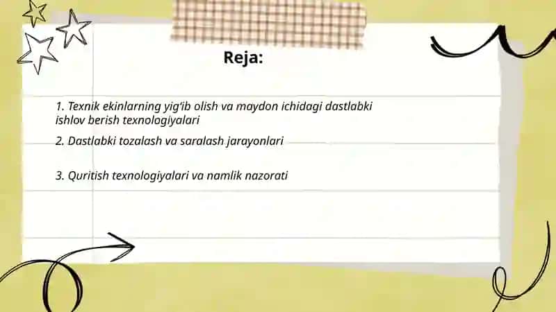 Texnik ekin mahsulotlarini saqlash va dastlabki qayta ishlash texnologiyasi 2