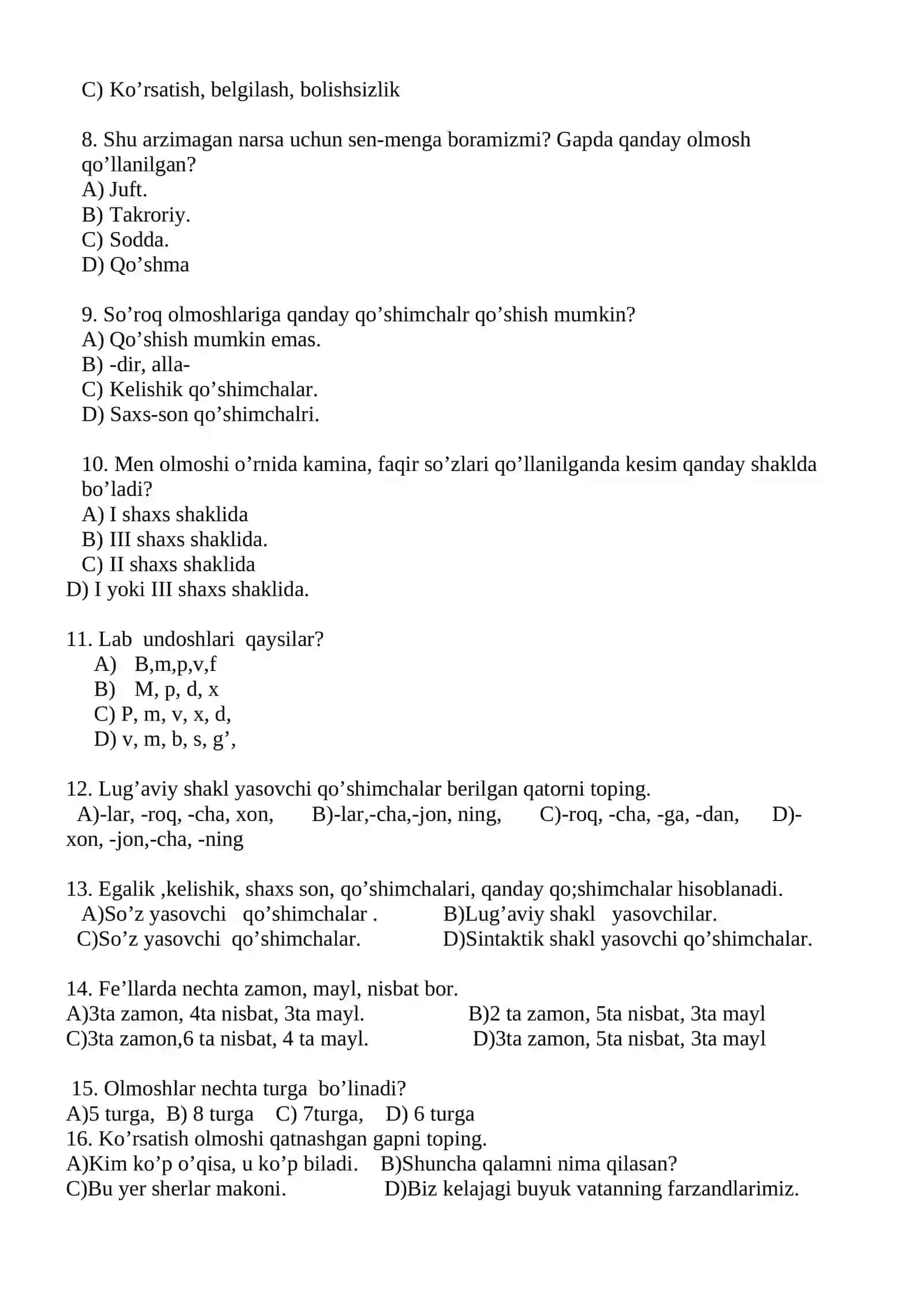 ONA TILI FANIDAN 7- SINF 1-2-3-4- CHORAK TEST SAVOLLARI VA JAVOBLARI 2