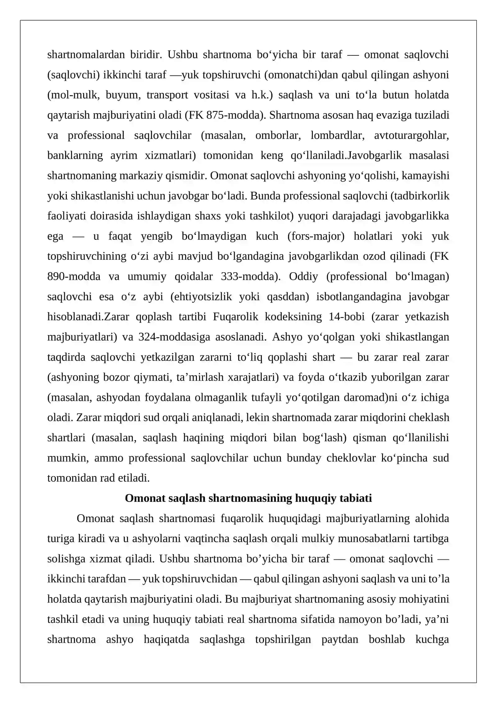 Omonat saqlash shartnomasida javobgarlik va zarar qoplash masalalari 2