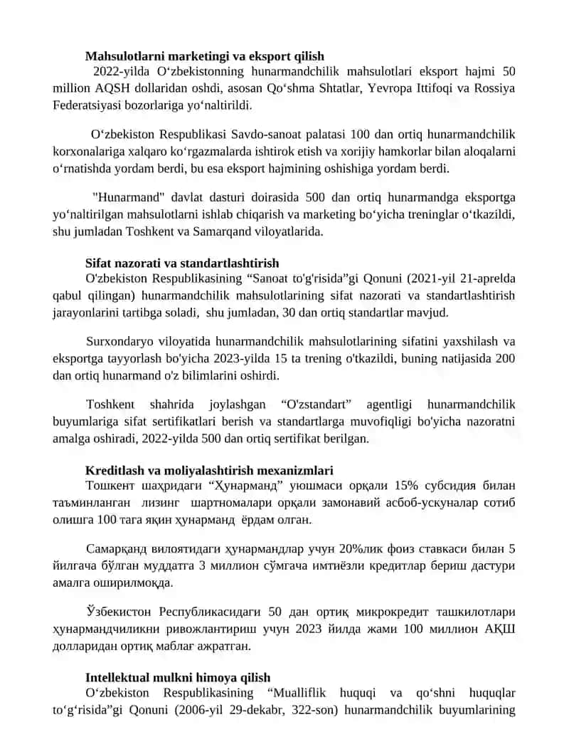 Hunarmandchilik tarmoqlarini davlat tomonidan qoʻllab-quvvatlashning meyoriy-huquqiy asoslari 2