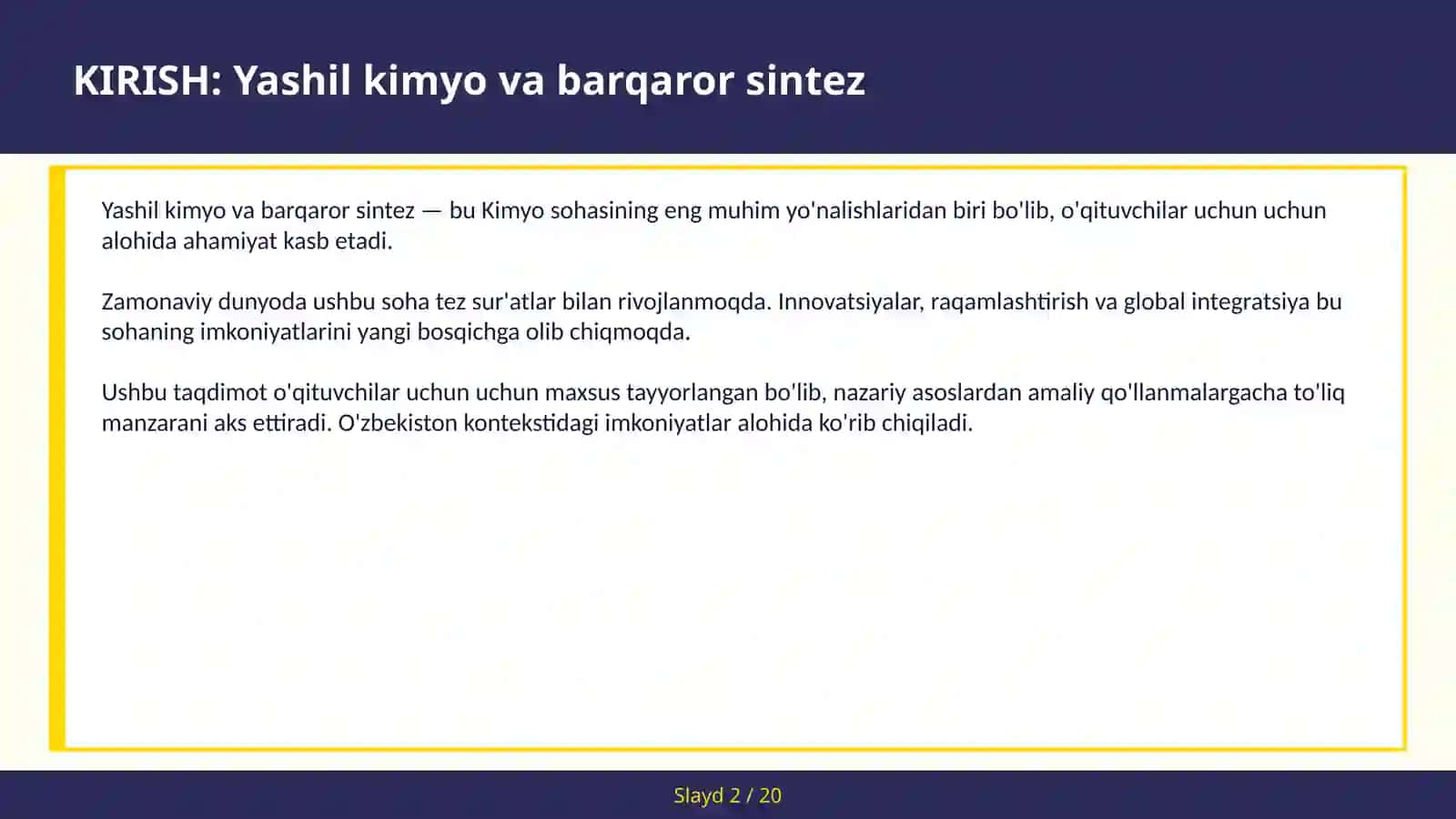 Yashil Kimyo va Barqaror Sintez 2