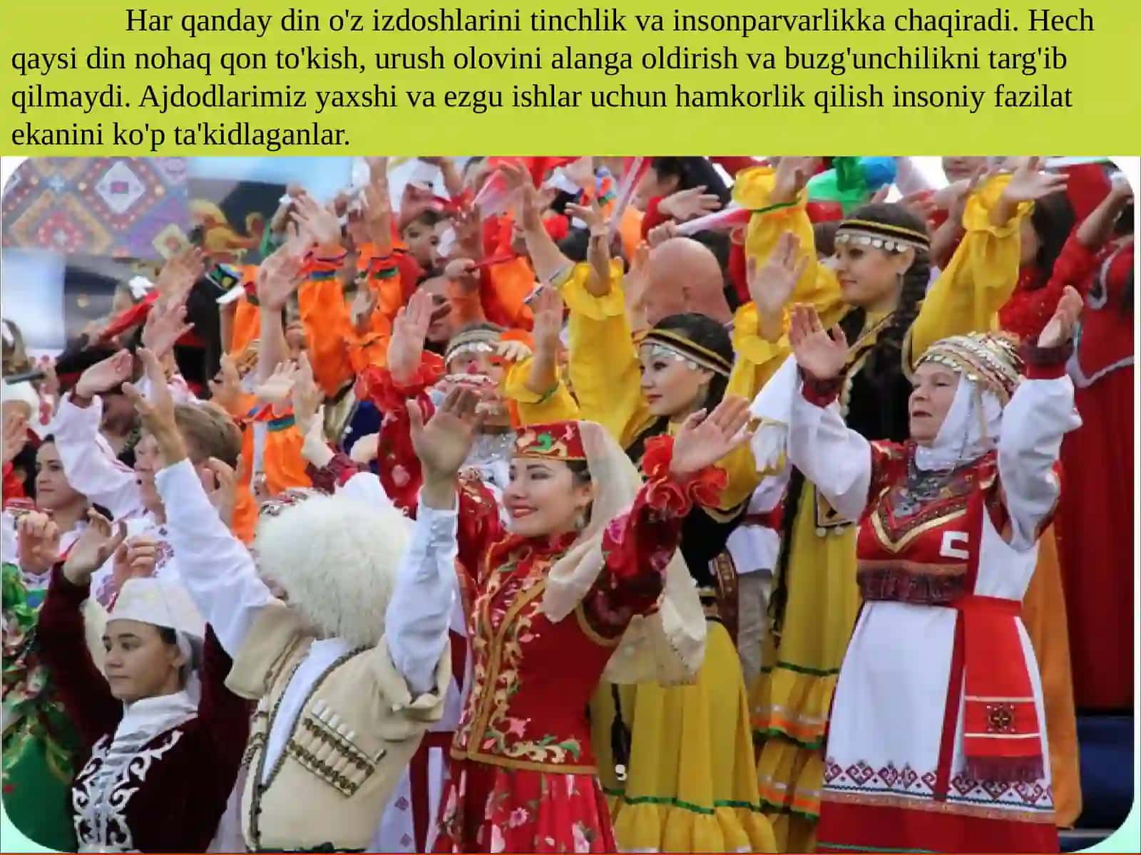 11-sinf Tarbiya fanidan Dunyo dinlarida tinchlik g'oyasi dars ishlanma 2