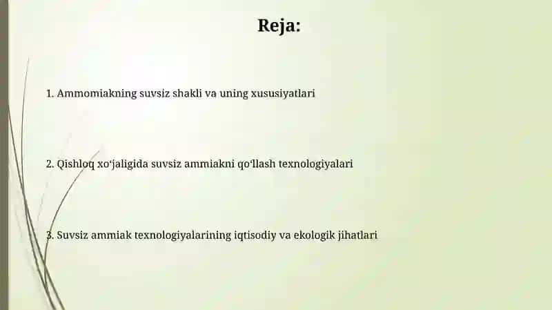 Suvsiz ammiak va undan qishloq xoʻjaligida foydalanish texnologiyasi 2
