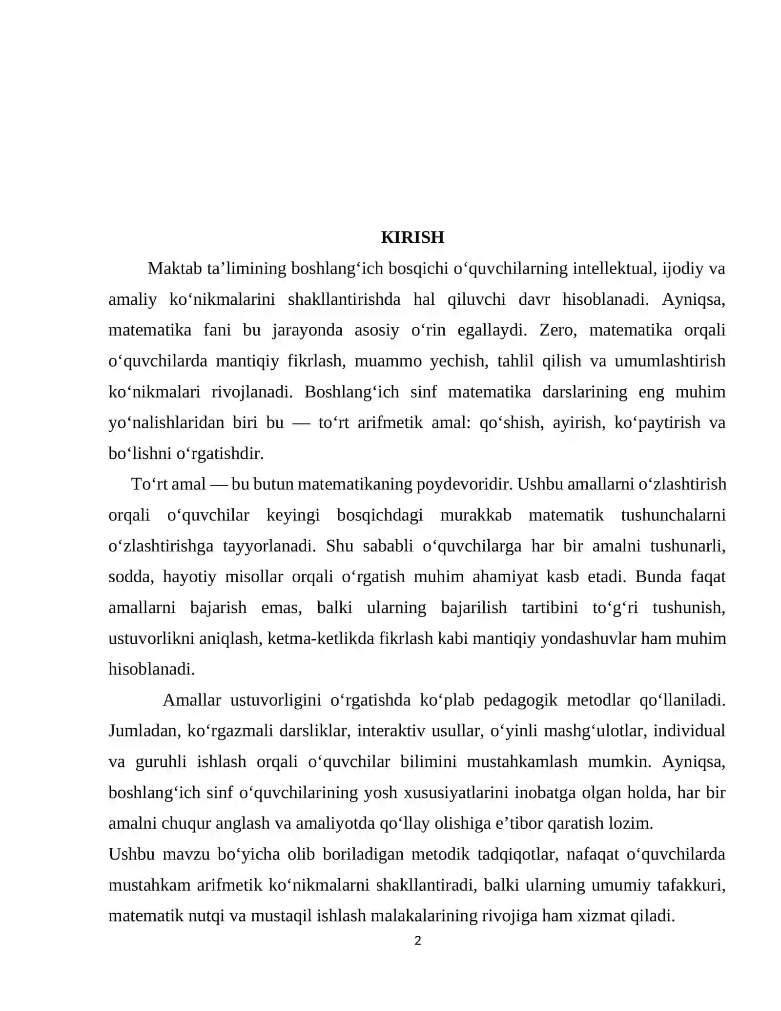 Boshlang'ich sinf o'quvcilarini to'rt amal va ularning bajarilish tartibini bajarishga o'rgatish metodikasi 2