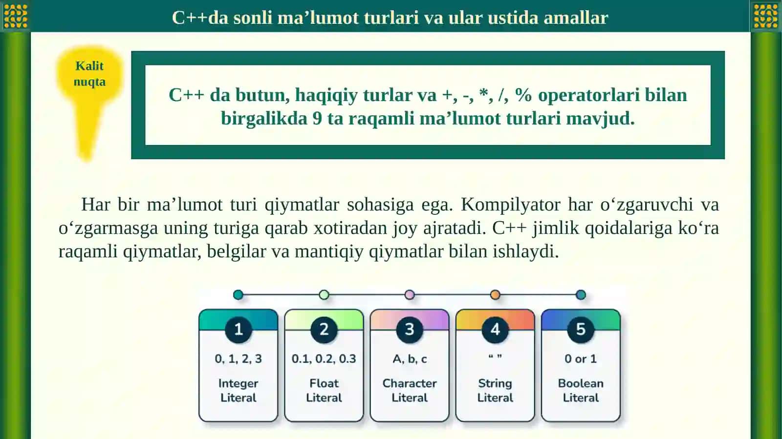 C++da sonli ma’lumot turlari va ular ustida amallar 2