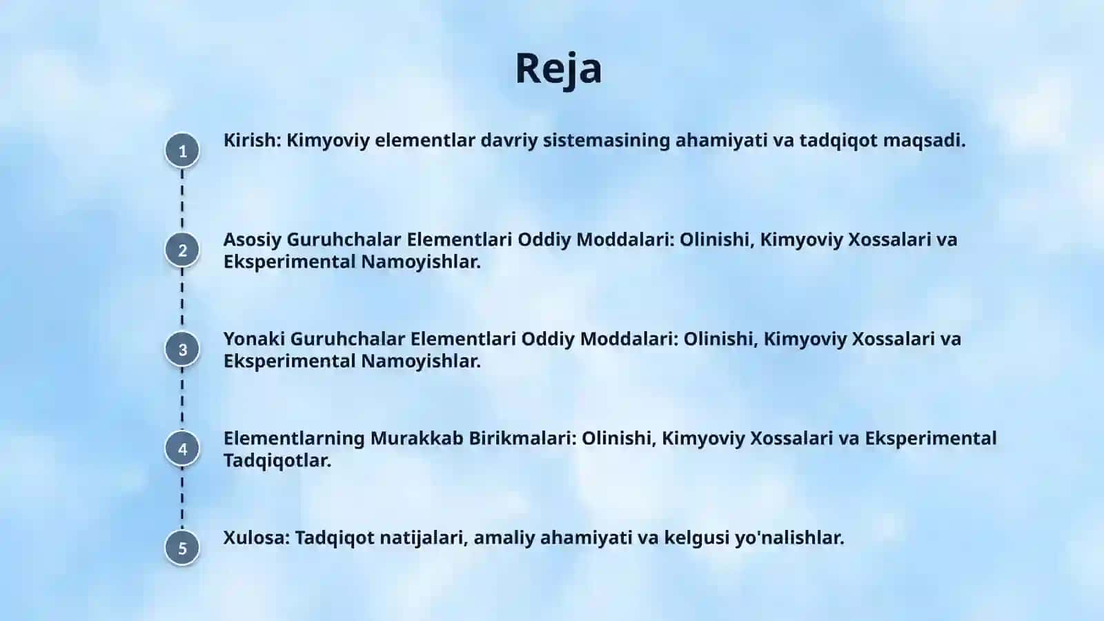 Davriy sistema asosiy va yonaki guruxchalar elementlari oddiy moddalari va birikmalarining olinishi, kimyoviy xossalarini ifodalovchi tenglamalar bo‘yicha eksperimentlar 2