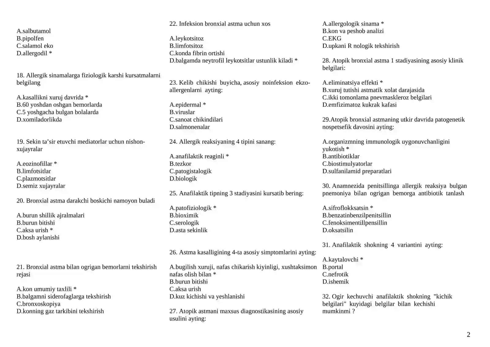 ALLERGOLOGIYA MAGISTRATURA VA KLINIK ORDINATURAGA KIRISH TESTLARI 1000 TA TEST 2026 YIL 2