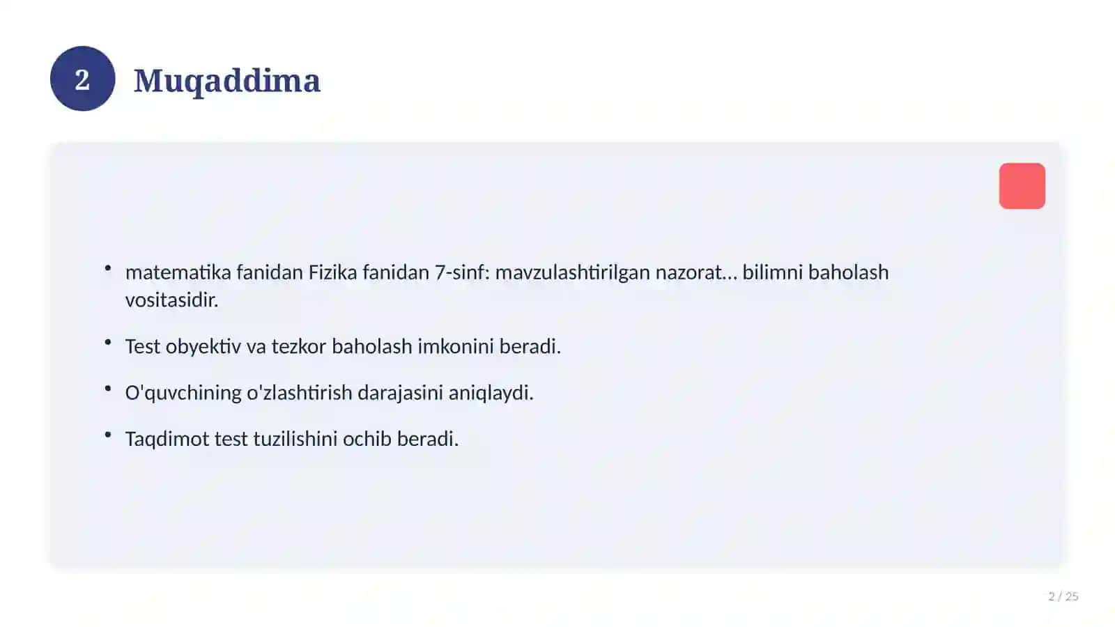 Fizika fanidan 7-sinf: mavzulashtirilgan nazorat ishi va tahlil 2