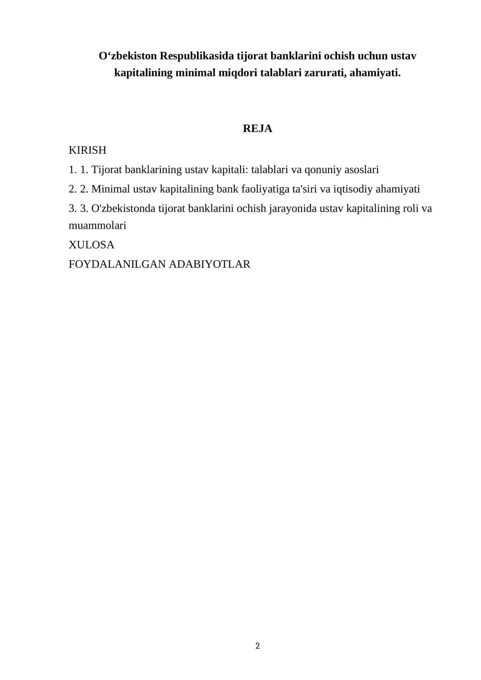 O‘zbekiston Respublikasida tijorat banklarini ochish uchun ustav kapitalining minimal miqdori talablari zarurati, ahamiyati 2