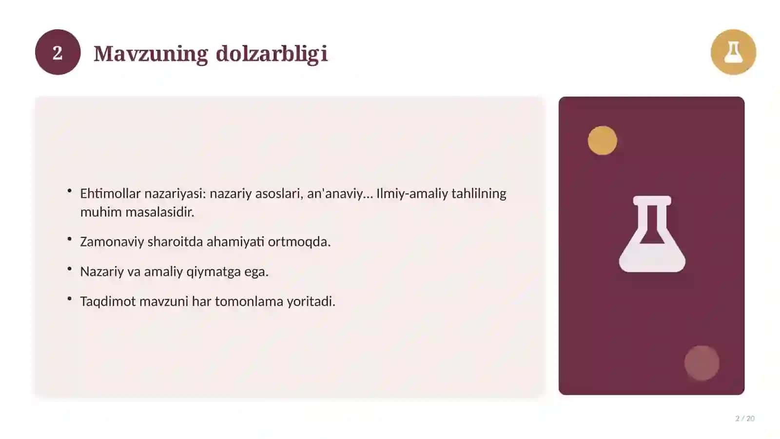 Ehtimollar nazariyasi: nazariy asoslari, an'anaviy yondashuvda (Magistrlik dissertatsiyasi mavzusi) 2