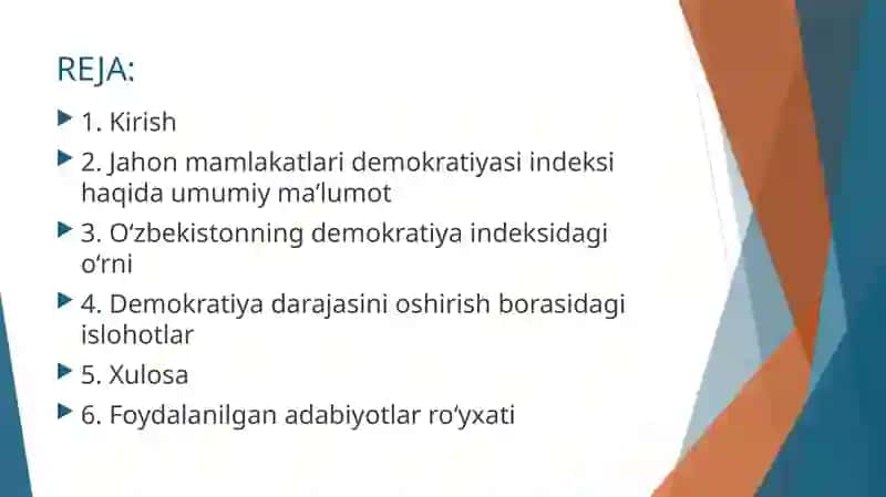 O‘zbekistonning “Jahon mamlakatlari demokratiyasi indeksi” da belgilagan o`rni 2