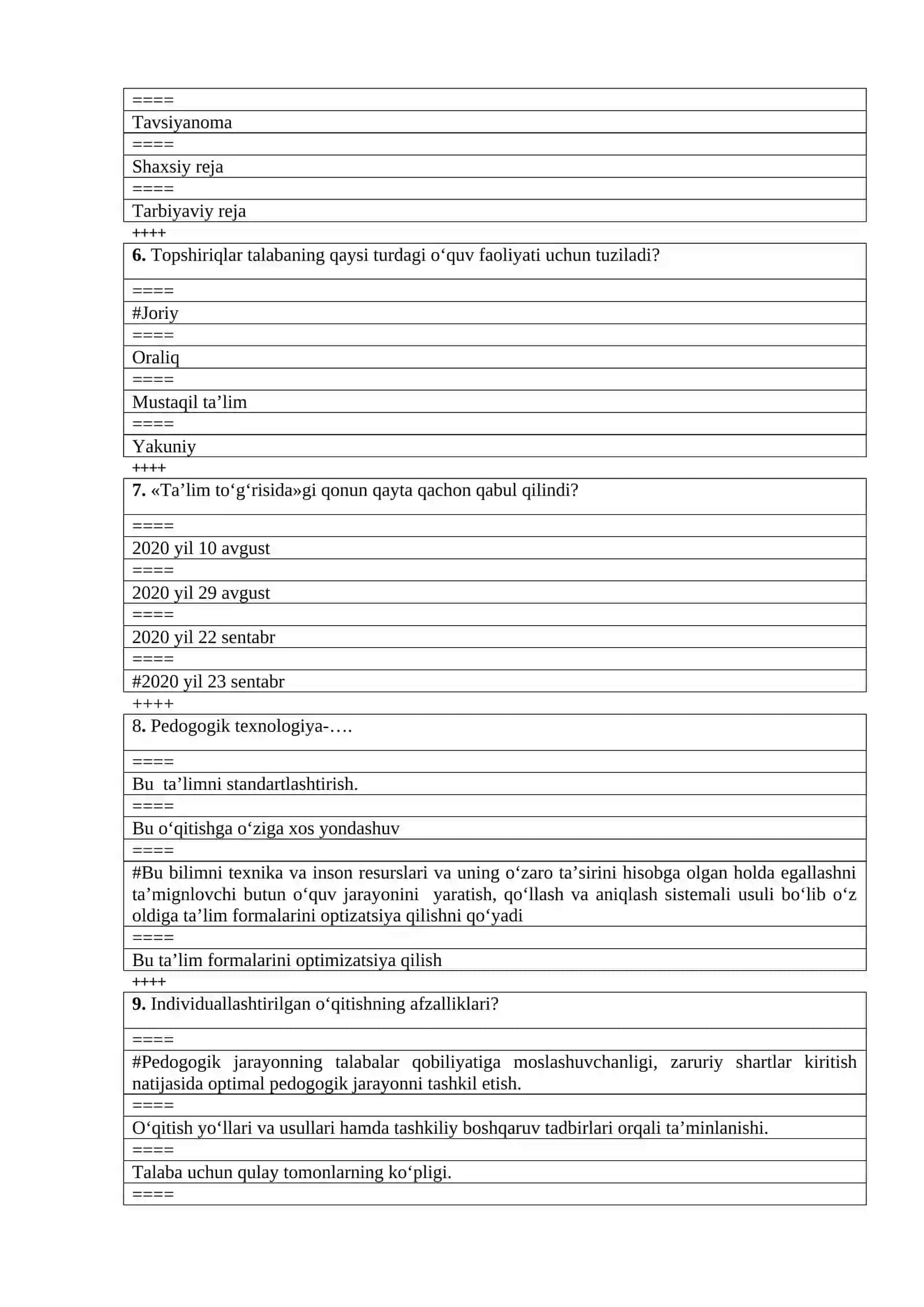 Umumiy pedagogika fanidan testlar to’plami 2