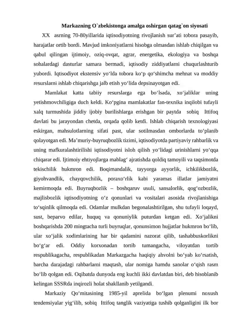 Markazning O`zbekistonga amalga oshirgan qatag`on siyosat 2
