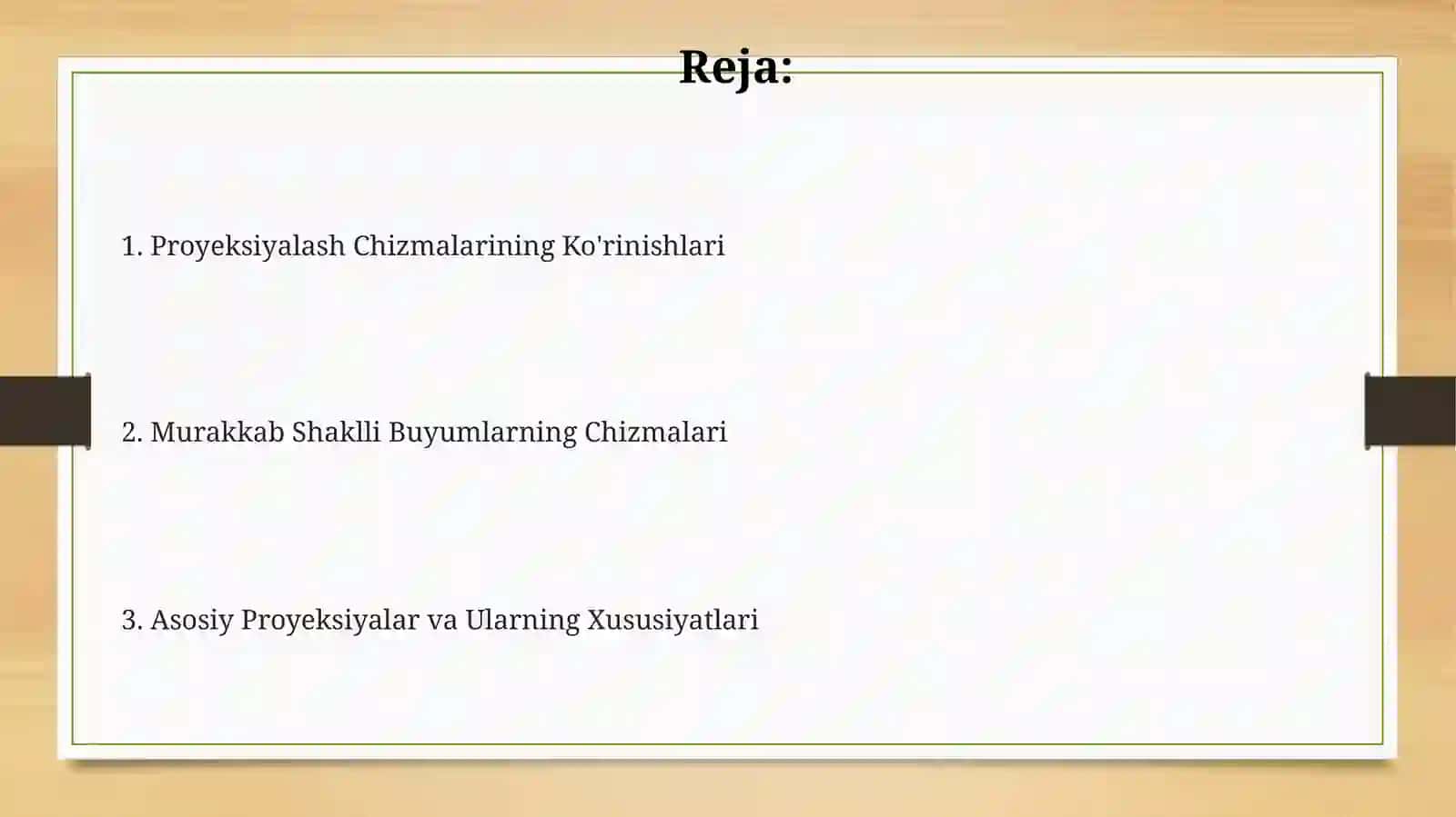 Proyeksion chizmachilik Chizmalarda ko`rinishlar 2