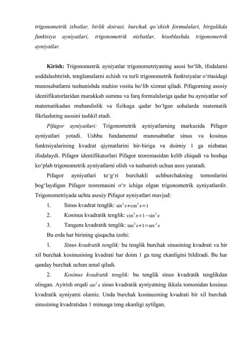 TIRIGONOMETRIK AYNIYATLARNI O‘QITISH METODIKASI VA BOSHQA SOHALAR BILAN BOG‘LIQLIGI 2