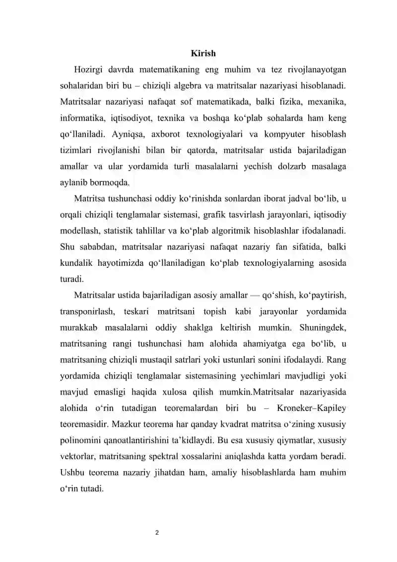 1. Matritsalar nazariyasining asoslari va matritsaning rangi 2. Kroneker-Kapiley teoremasi va uning qo‘llanilishi 3. Chiziqli tenglamalar sistemasini Jordan–Gaus usulida yechish 2