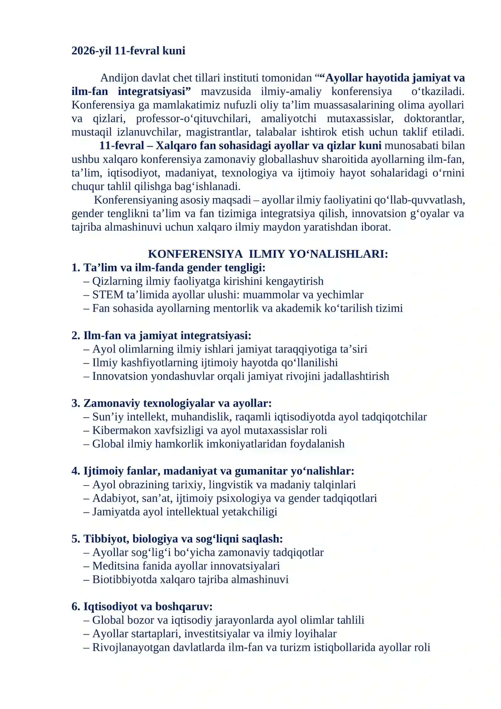 “AYOLLAR HAYOTIDA JAMIYAT VA ILM-FAN INTEGRATSIYASI” Respublika ilmiy-amaliy konferensiya 2