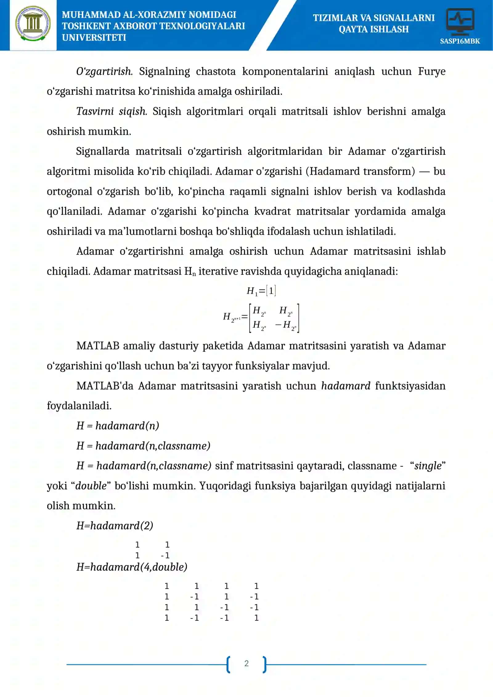 Matritsalar shaklida ishlov berish algoritmlarini amalga oshirish 2