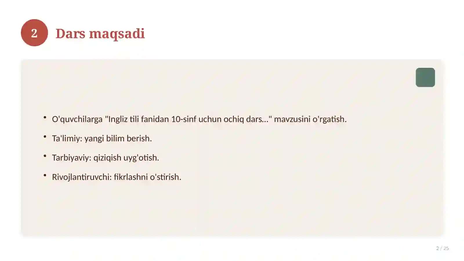 Ingliz tili fanidan 10-sinf uchun ochiq dars ishlanmasi 2