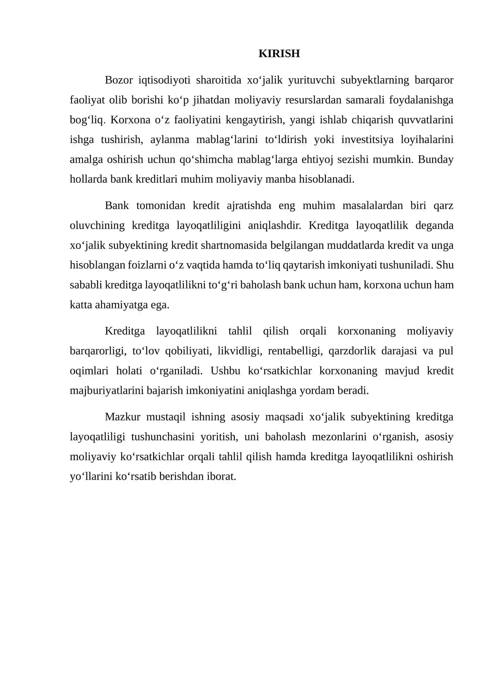 KREDITGA LAYOQATLILIK HOLATI BO‘YICHA XO‘JALIK SUBYEKTI FAOLIYATI TAHLILI 2